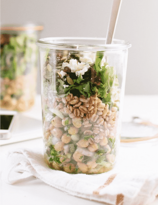 25 Vegetarian Mason Jar Meals to Help You Win at Lunch: Mason Jar Chickpea, Farro and Greens Salad