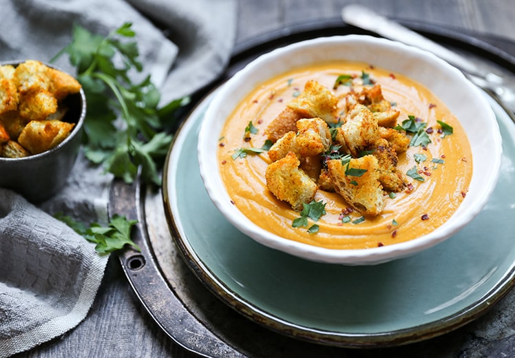 Sweet Potato, Pear and Leek Soup with Spiced Croutons