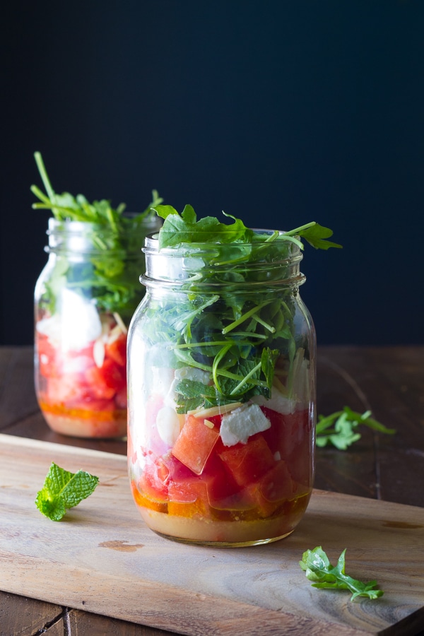 25 Vegetarian Mason Jar Meals to Help You Win at Lunch: Arugula and Watermelon Mason Jar Salads