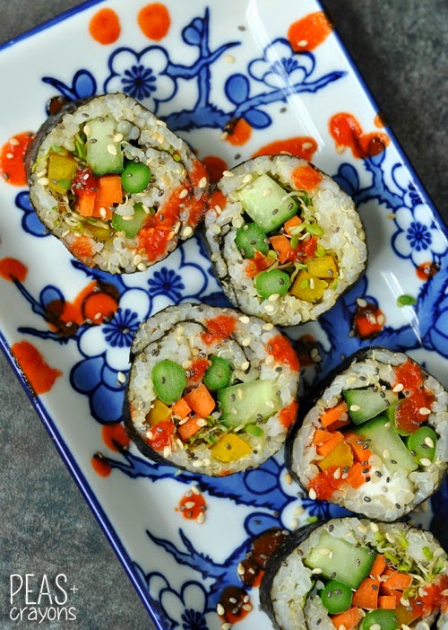vegetarian sushi roll on a colorful plate