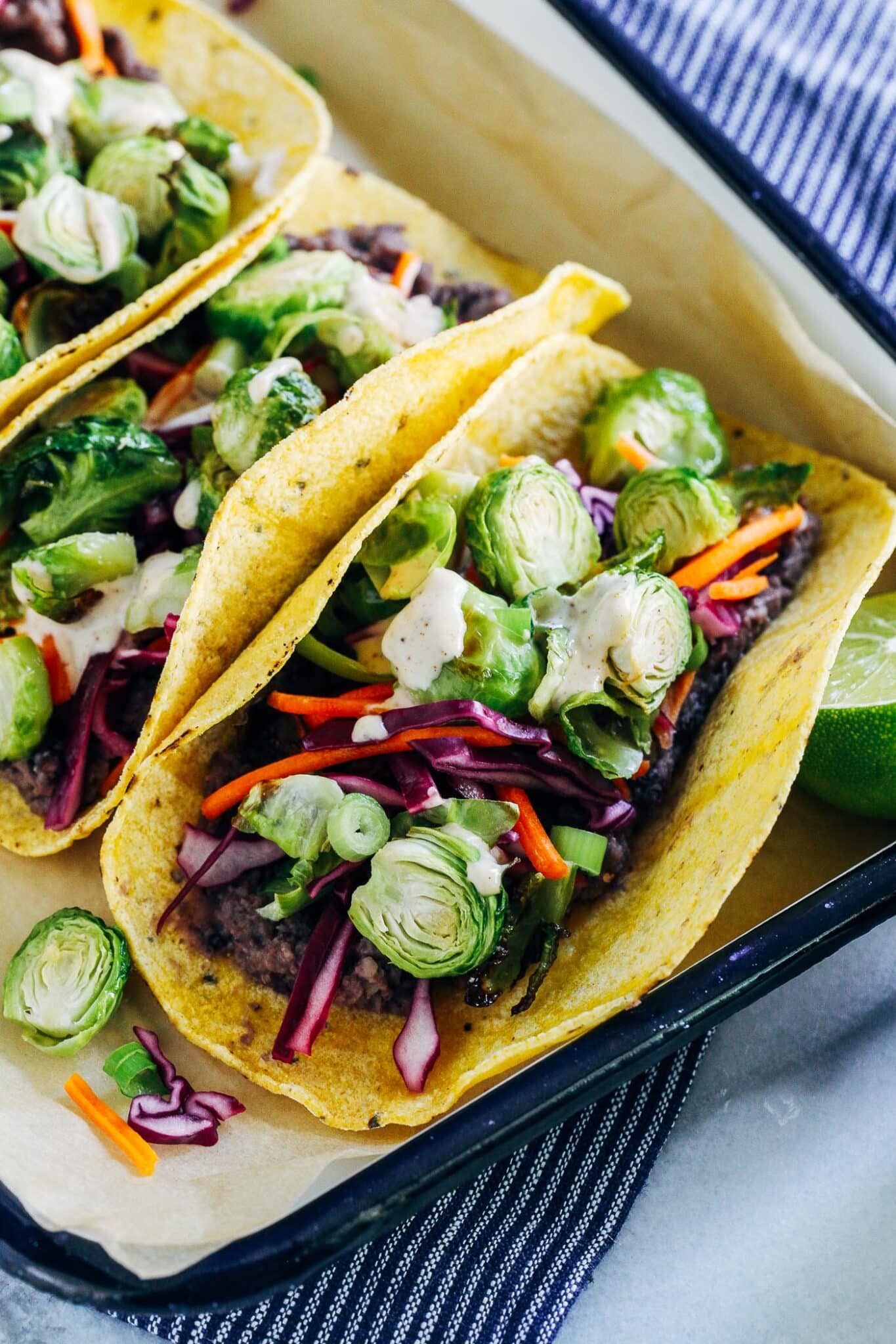 close up Roasted Brussels Sprout Taco with Chipotle Aioli