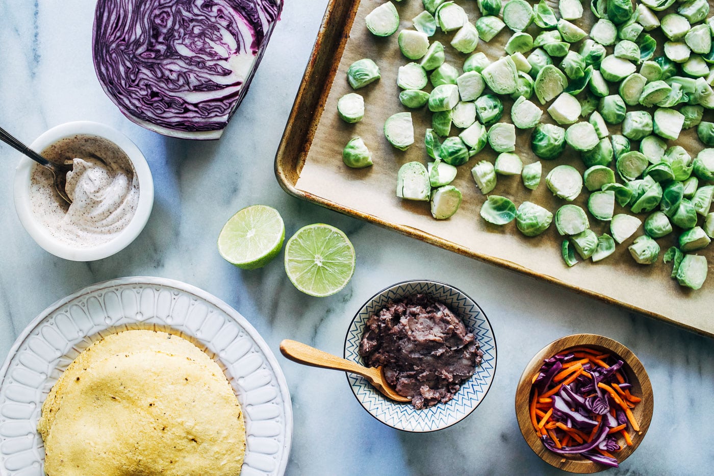 ingredients to assemble Roasted Brussels Sprout Tacos with Chipotle Aioli