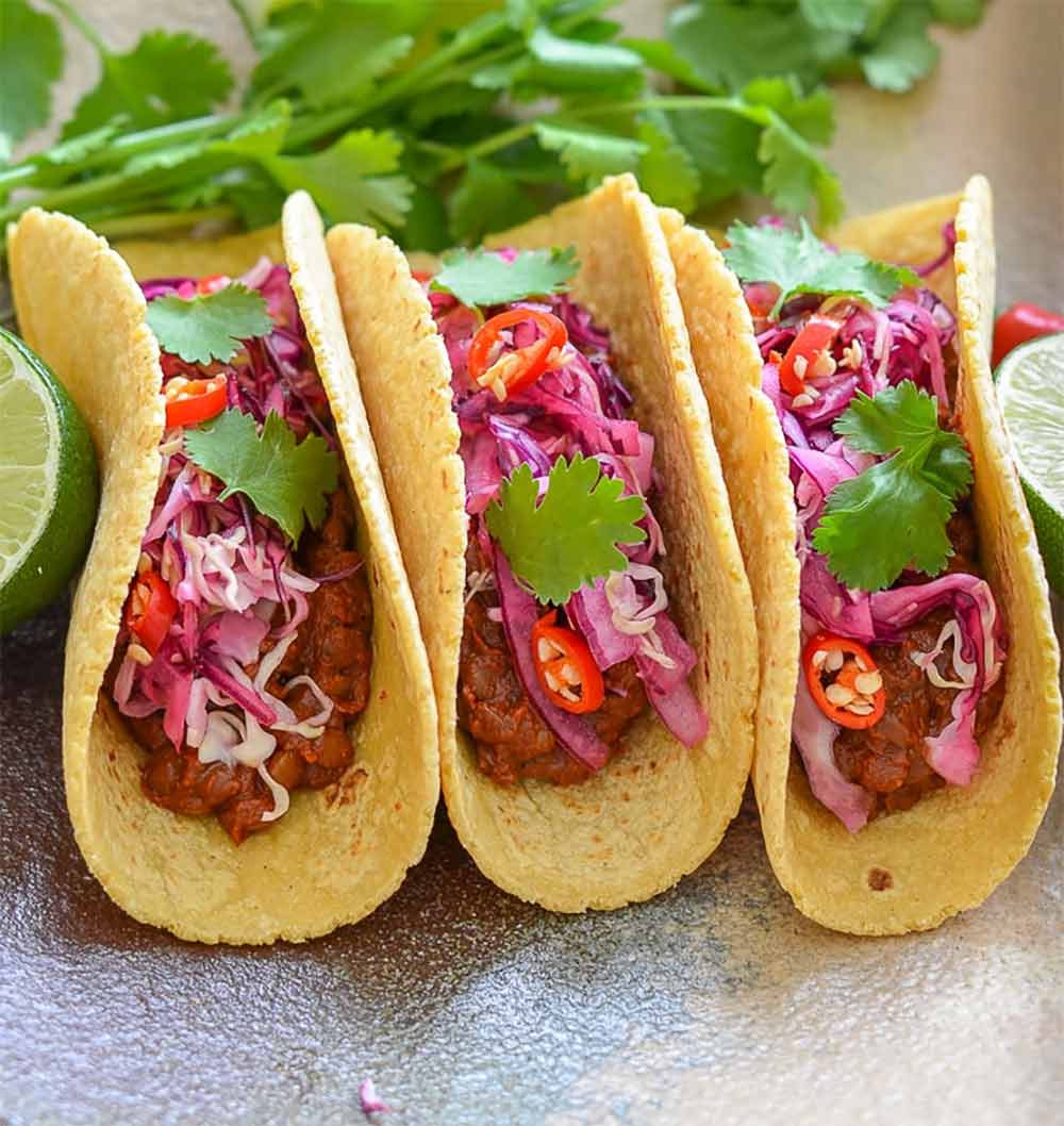 19 Recipes that Swap Lentils for Meat: Enchilada Lentil Tacos with Lime Slaw