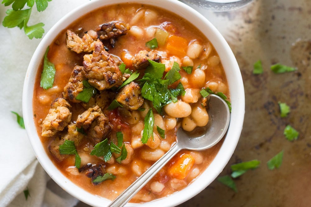Slow Cooker White Bean Soup with Tempeh Bacon