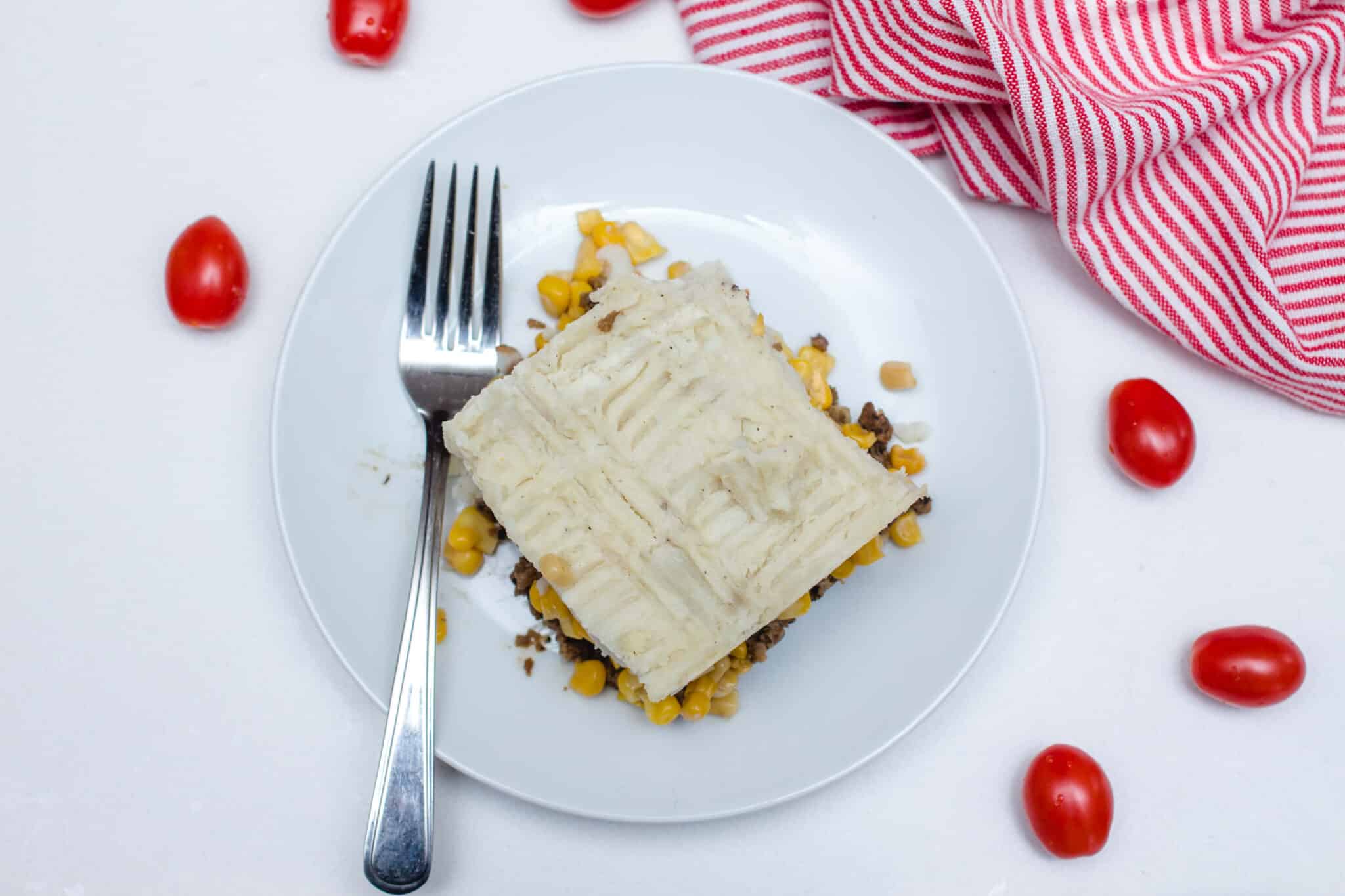 slice of lentil shepherd's pie on a plate