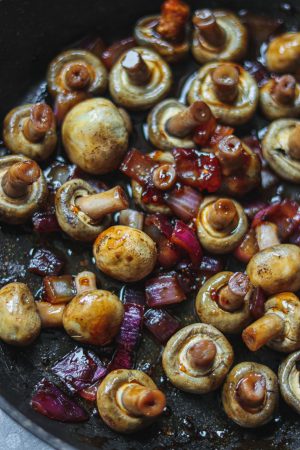 the miso glazed mushrooms in a pan