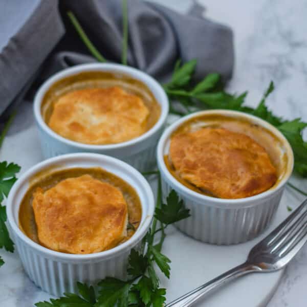 vegetarian pot pies in white ramekins