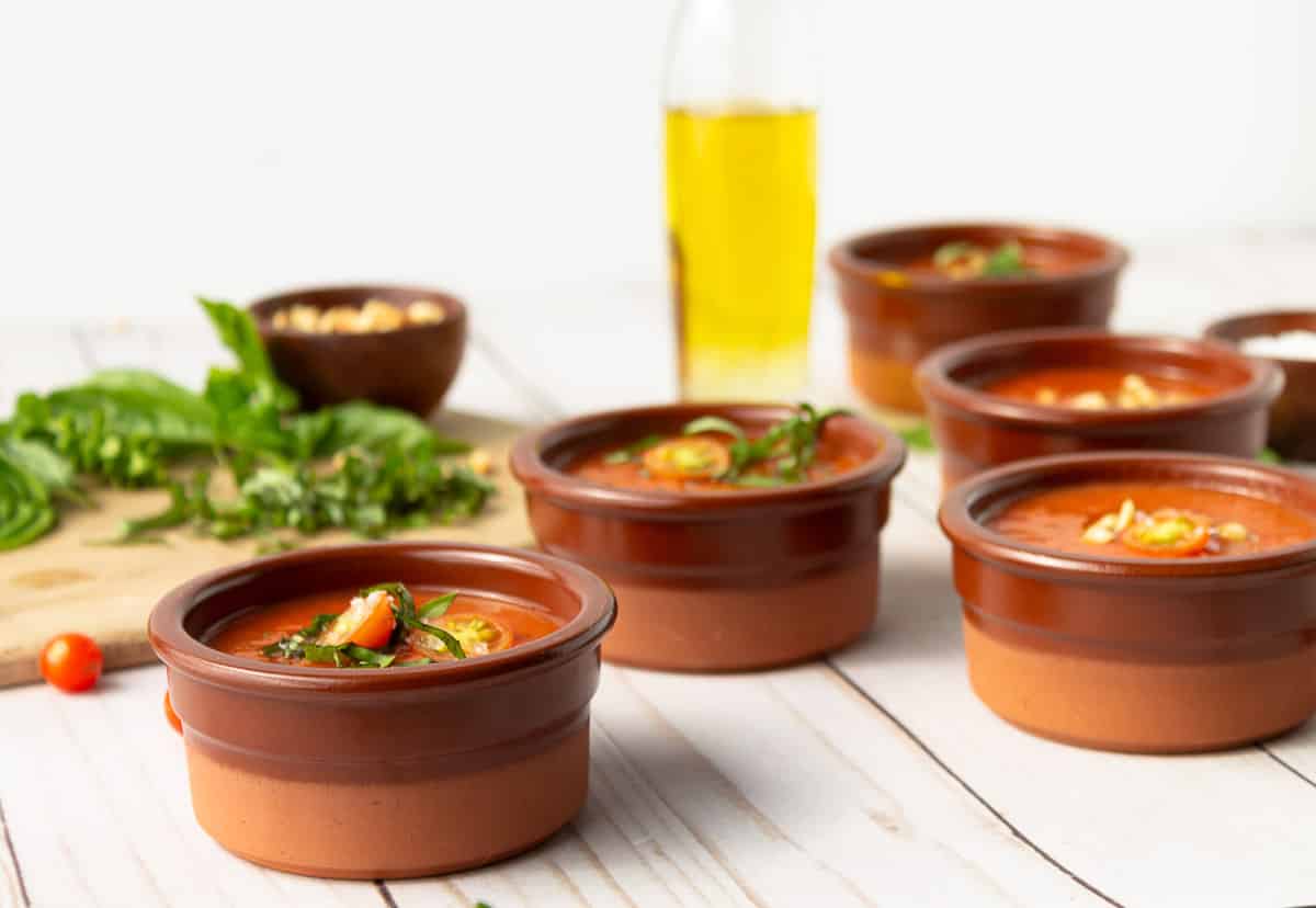 side view of vegan gazpacho on table 