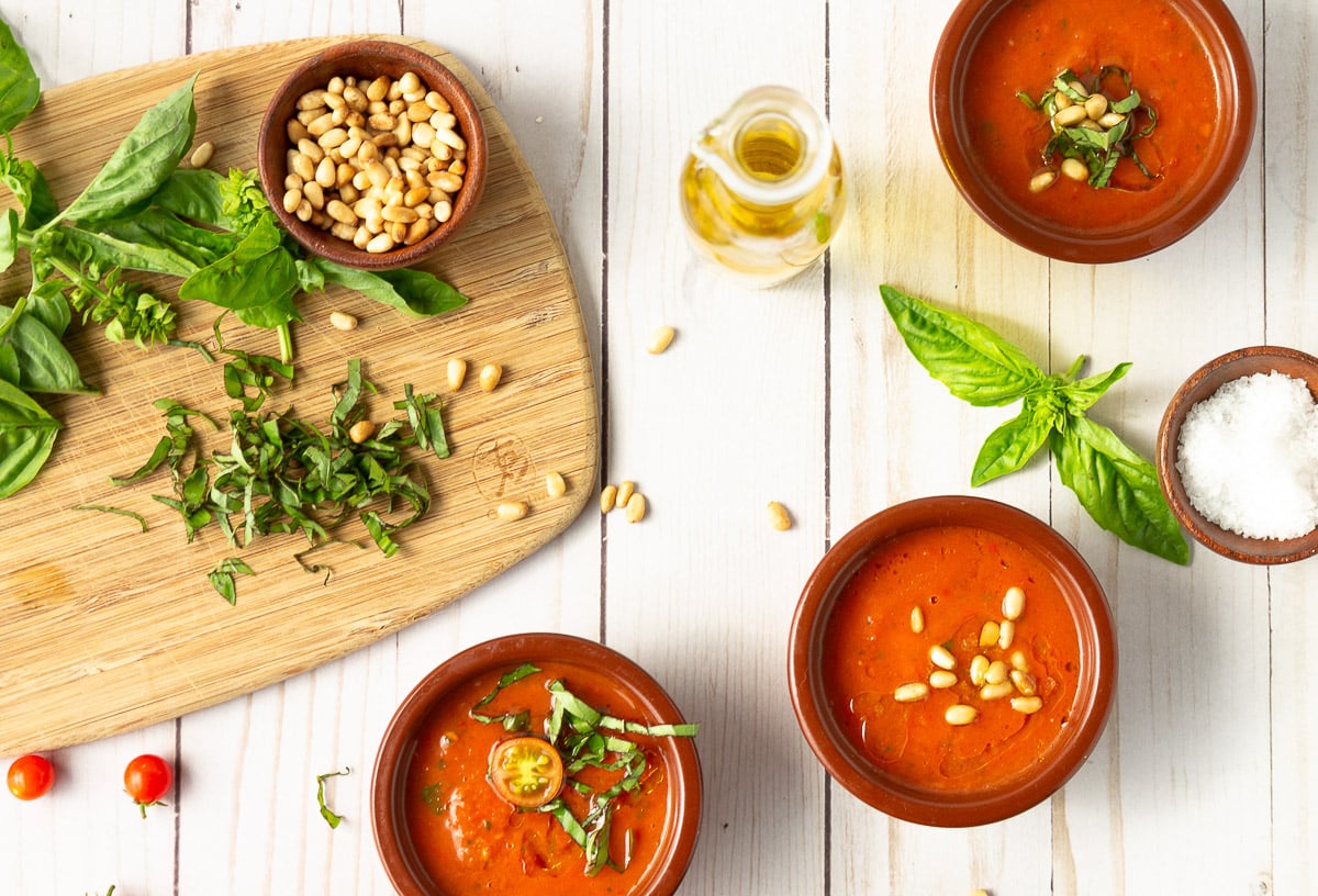 served tomato gazpacho on table