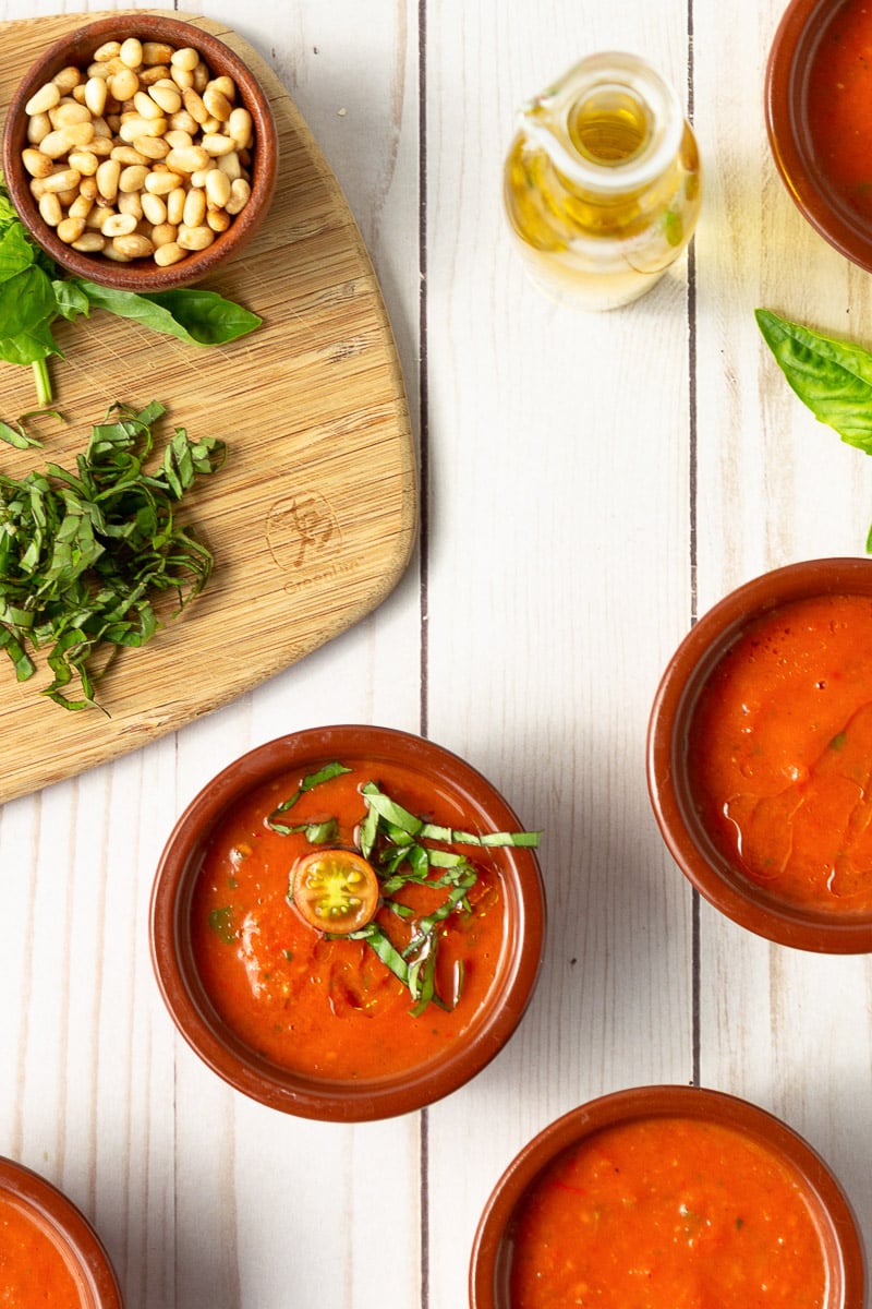 display of tomato gazpacho soups on table