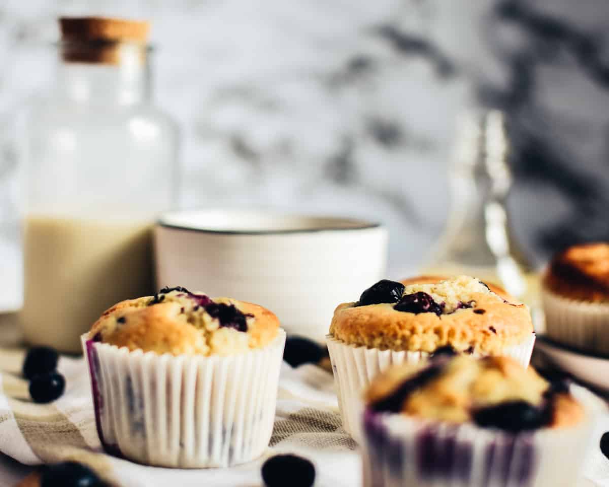 side view of vegan blueberry muffins
