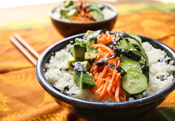 vegetarian sushi bowl with avocado