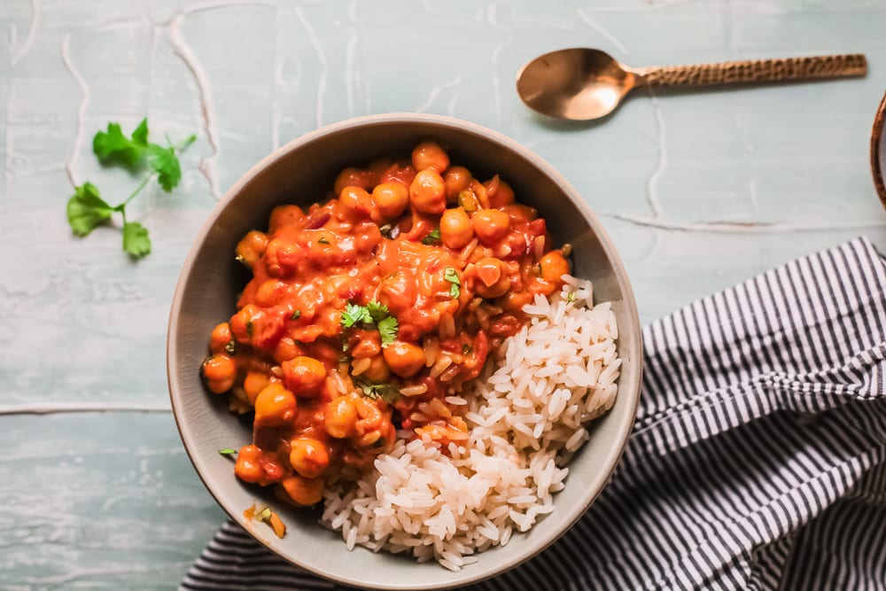 bowl of Indian butter chickpeas and rice