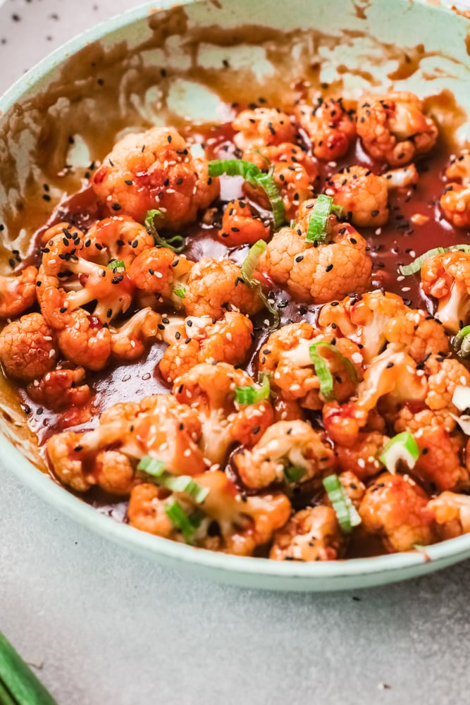 side view of sticky sesame cauliflower