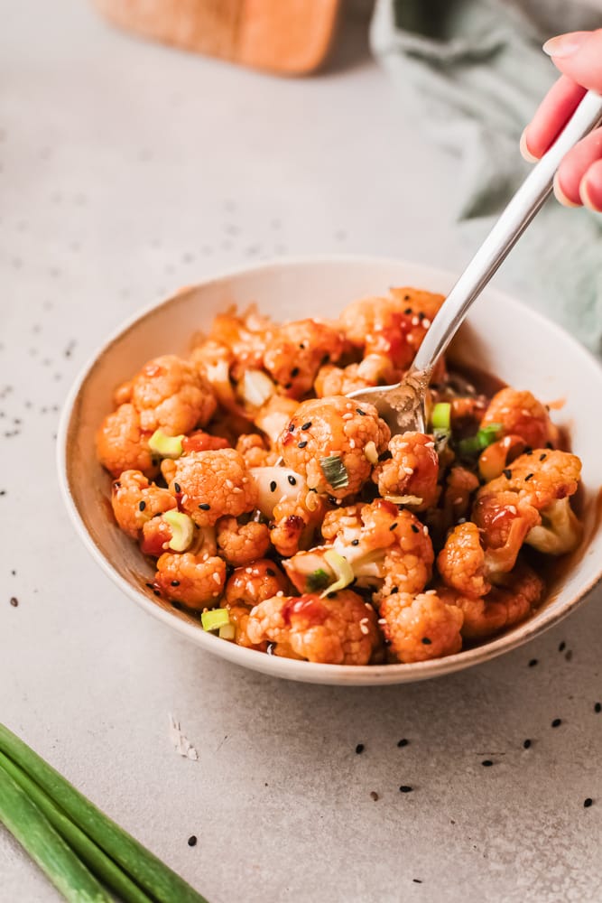 bowl of sticky sesame cauliflower