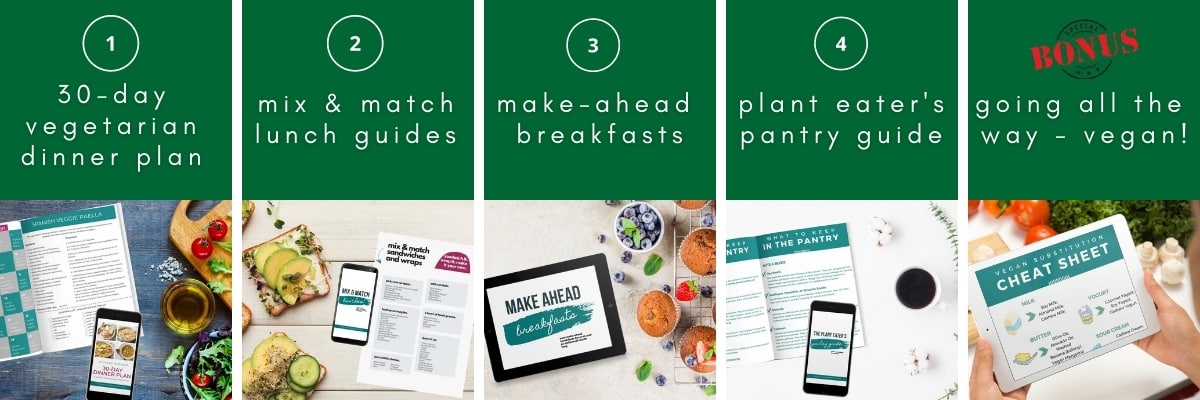 image of whats included in the veggie kickstart kit - vegetarian dinner plan, lunch guides, breakfast recipes, pantry guide, and intro to vegan eating