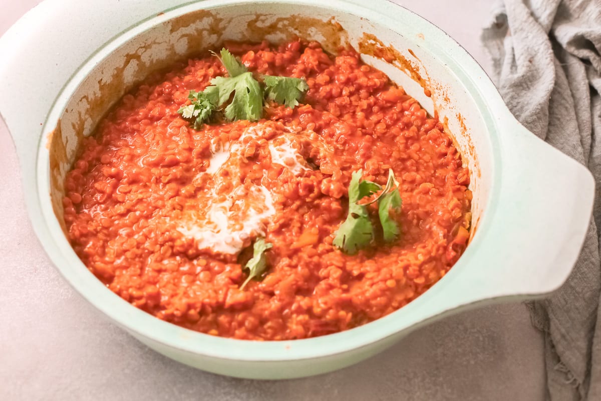 large dish of vegan red lentil curry