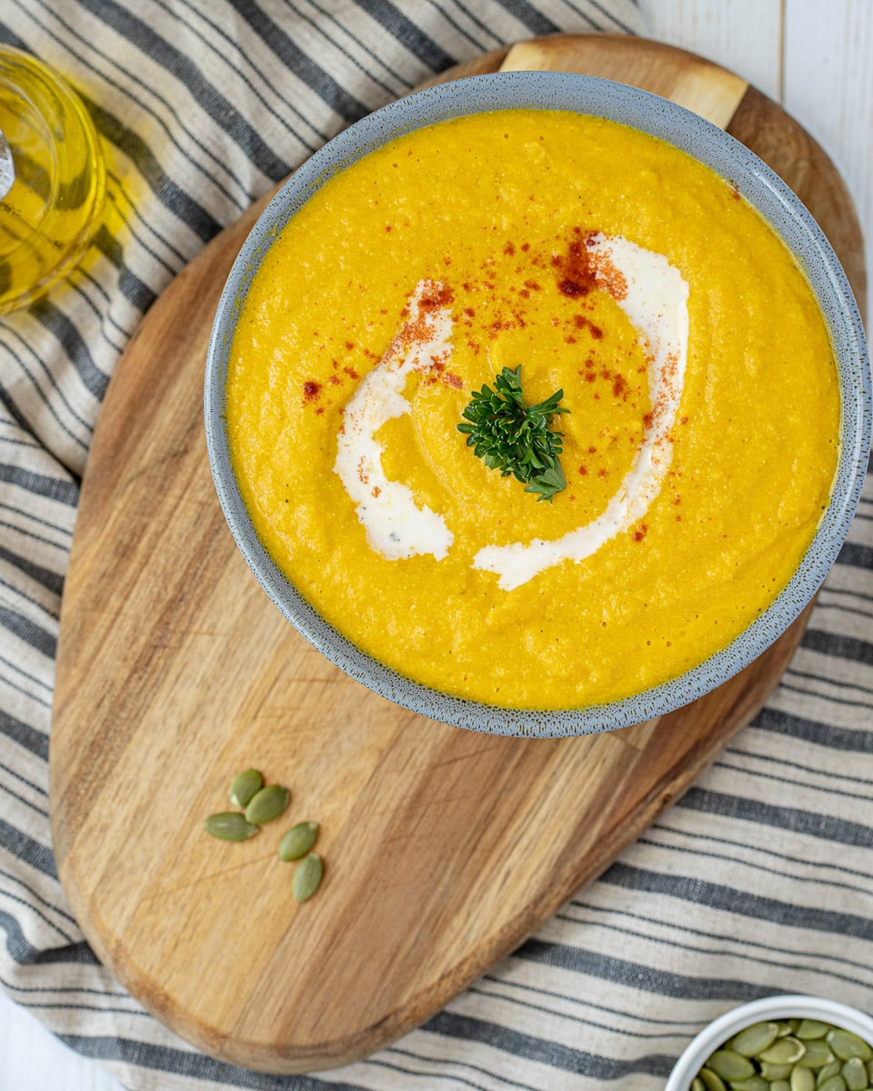close up of bowl of vegan carrot ginger soup