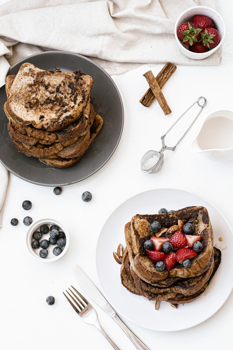 top view of two stacks of vegan french toast