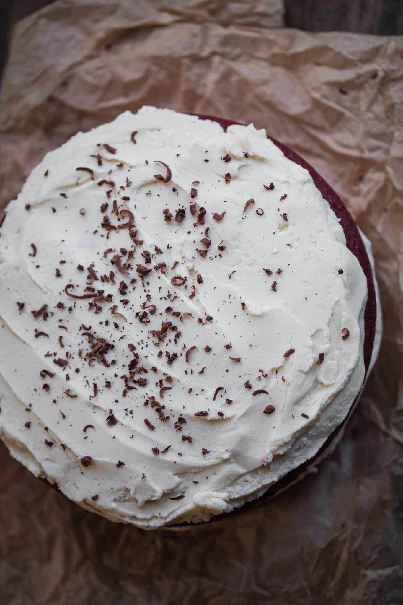  vegan red velvet cake covered in vegan cream cheese frosting