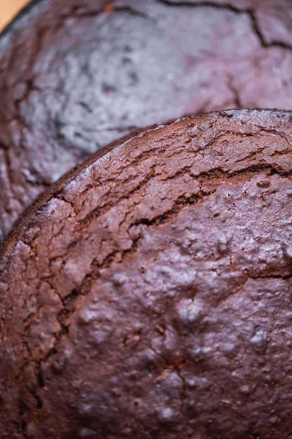 close up of vegan chocolate cake before adding frosting