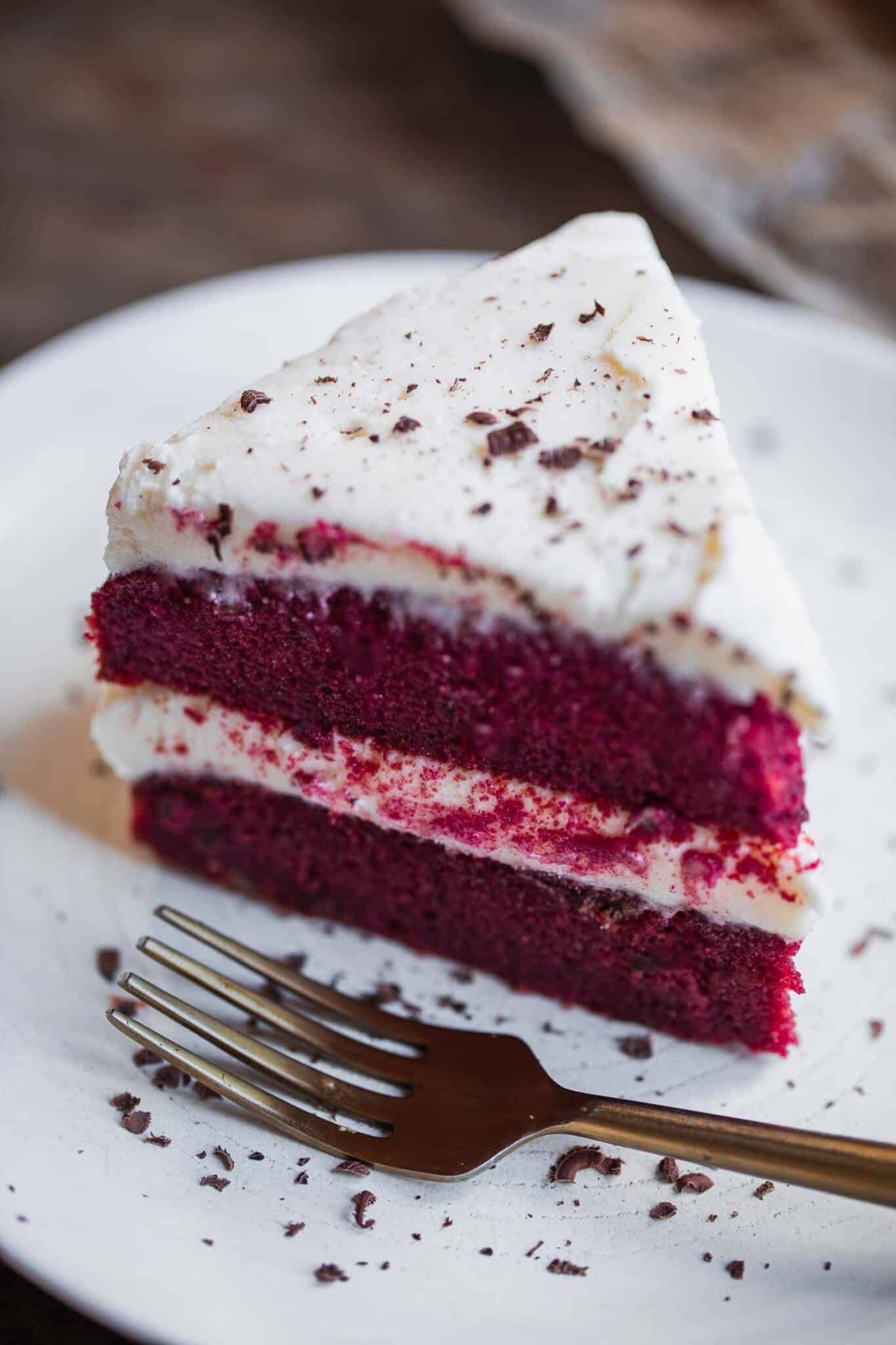 gluten-free vegan red velvet cake being served