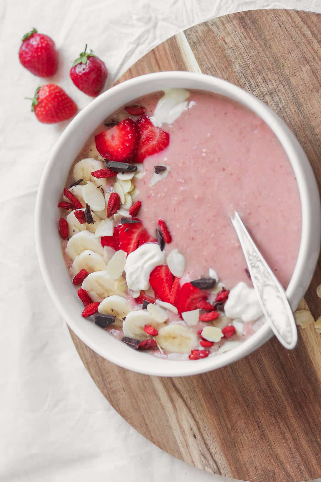 strawberry and banana vegan protein smoothie bowl