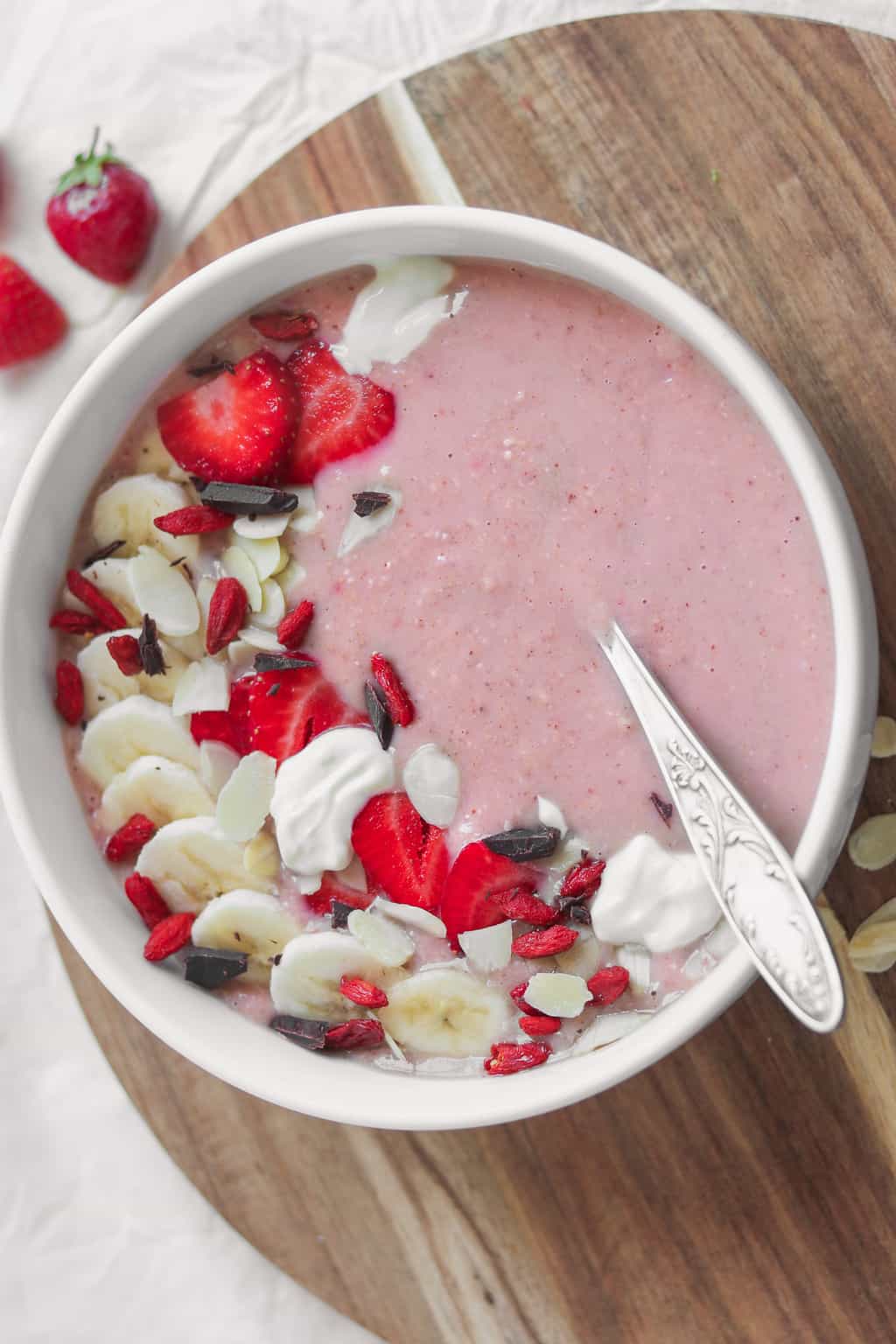 protein packed vegan smoothie bowl in a white dish