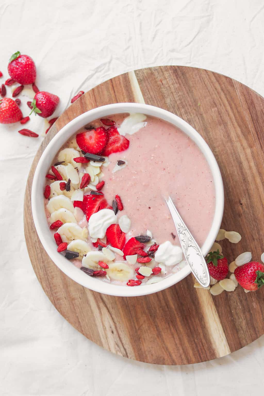 strawberry and banana vegan protein smoothie bowl