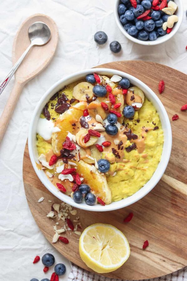 bowl of oatmeal topped with caramelized fruit