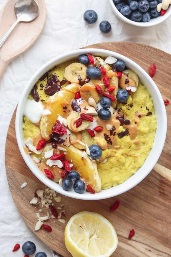 vegan oatmeal in a white bowl