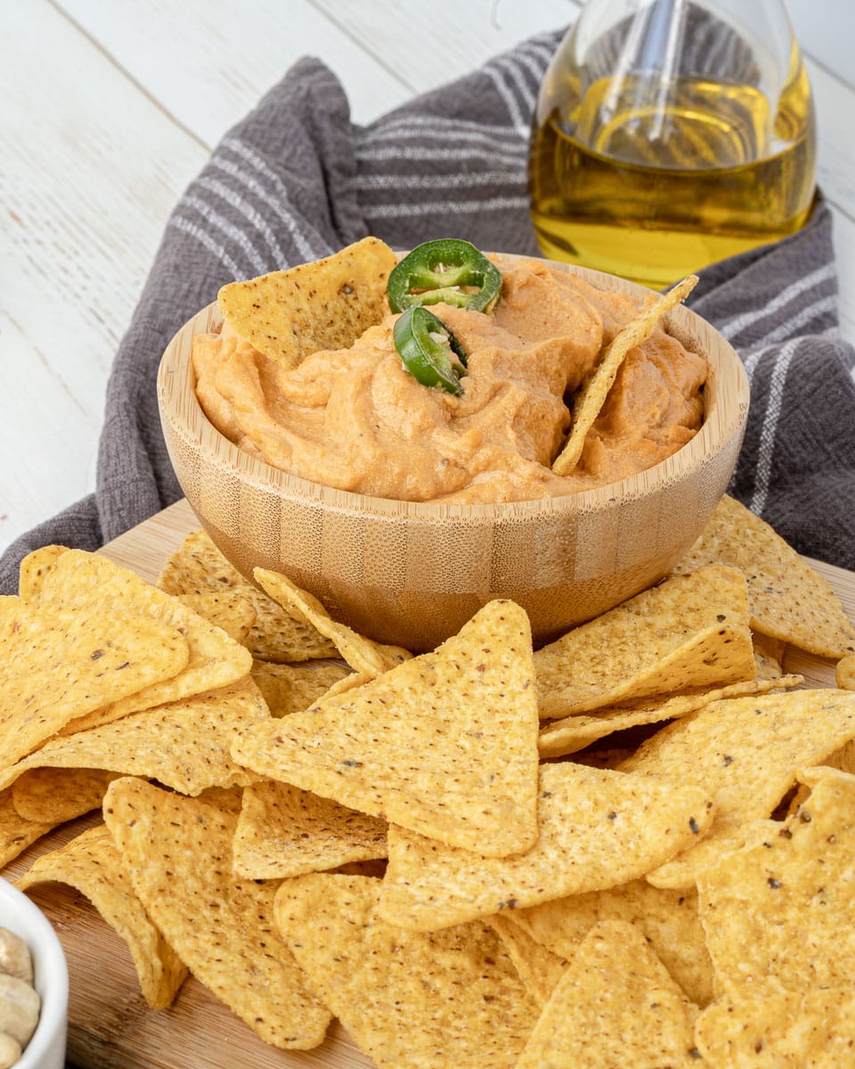 side view vegan queso in bowl