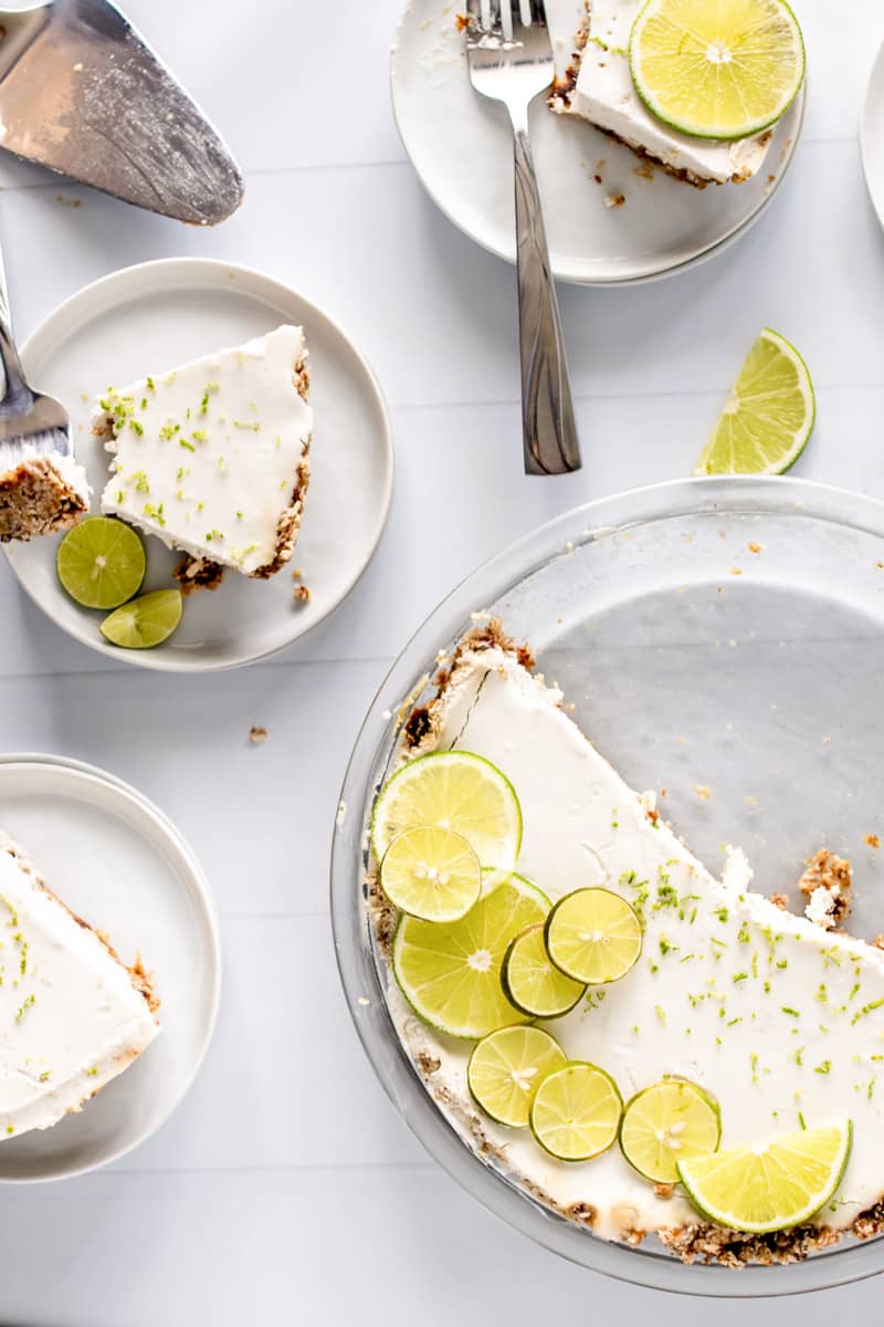 vegan key lime pie being served onto plates