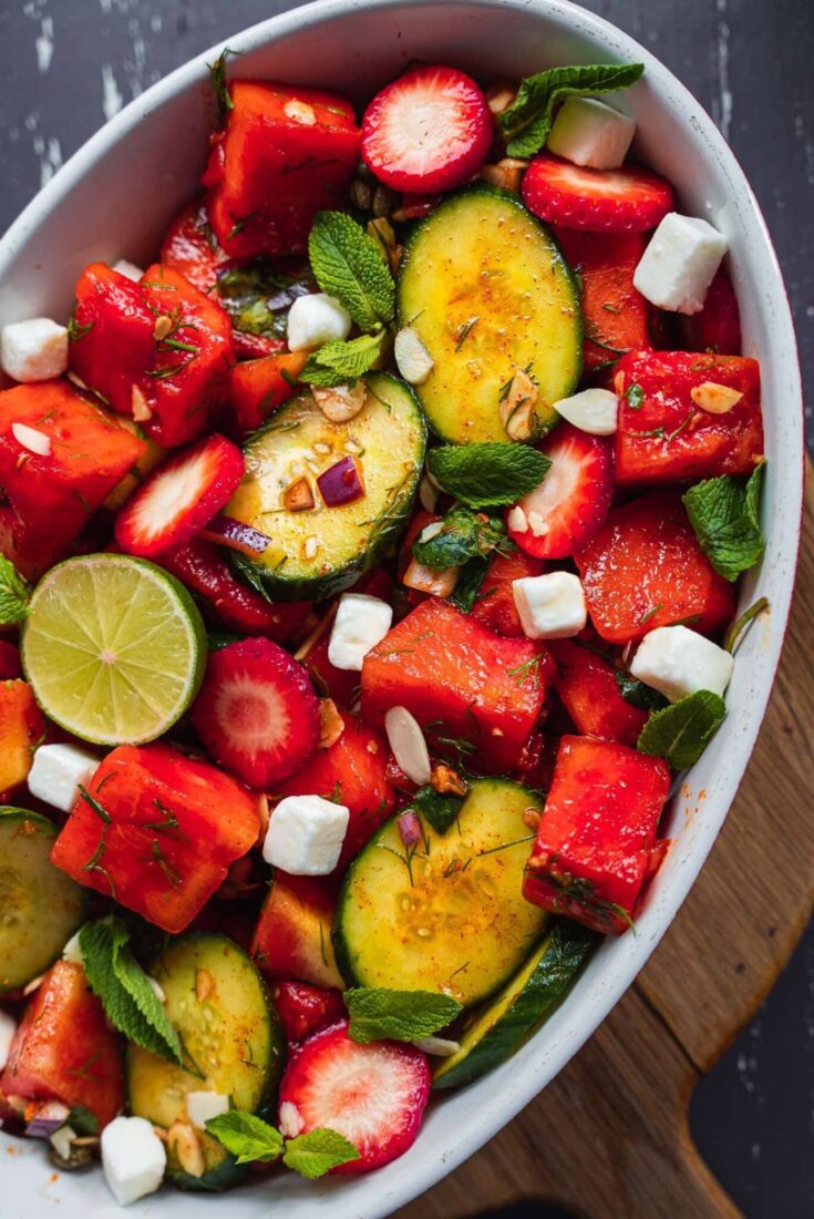 Vegan watermelon salad with cucumber and strawberries 2 scaled