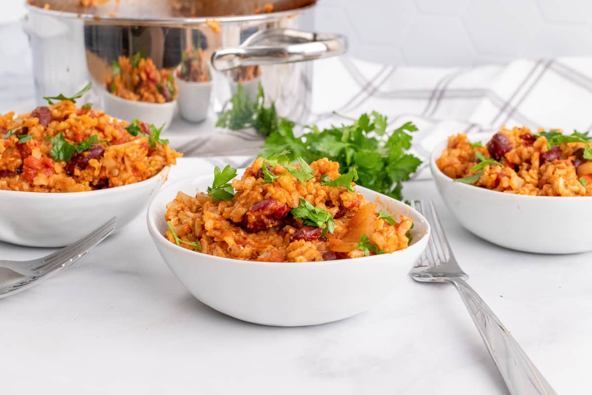 side view bowls of Spanish Rice and beans