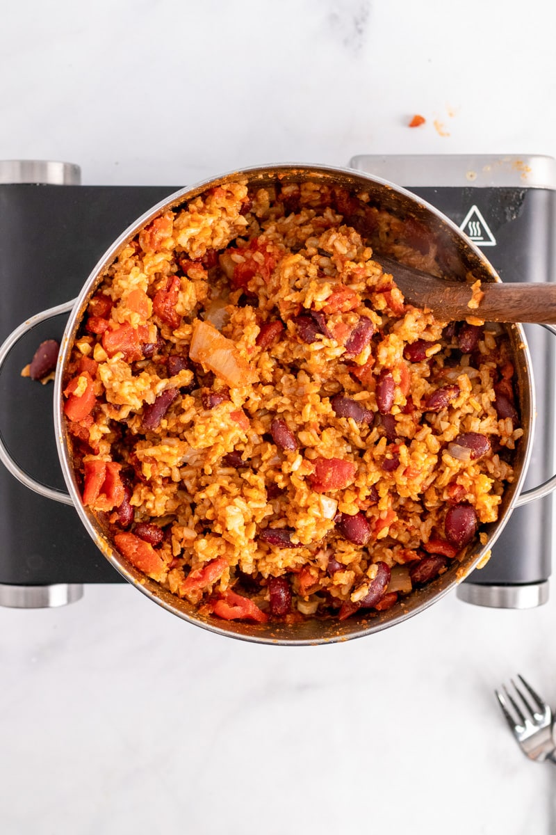 pot of Spanish Rice and beans