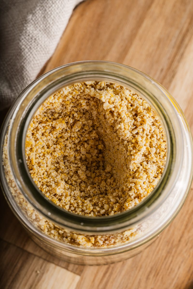 top view of jar of vegan parmesan