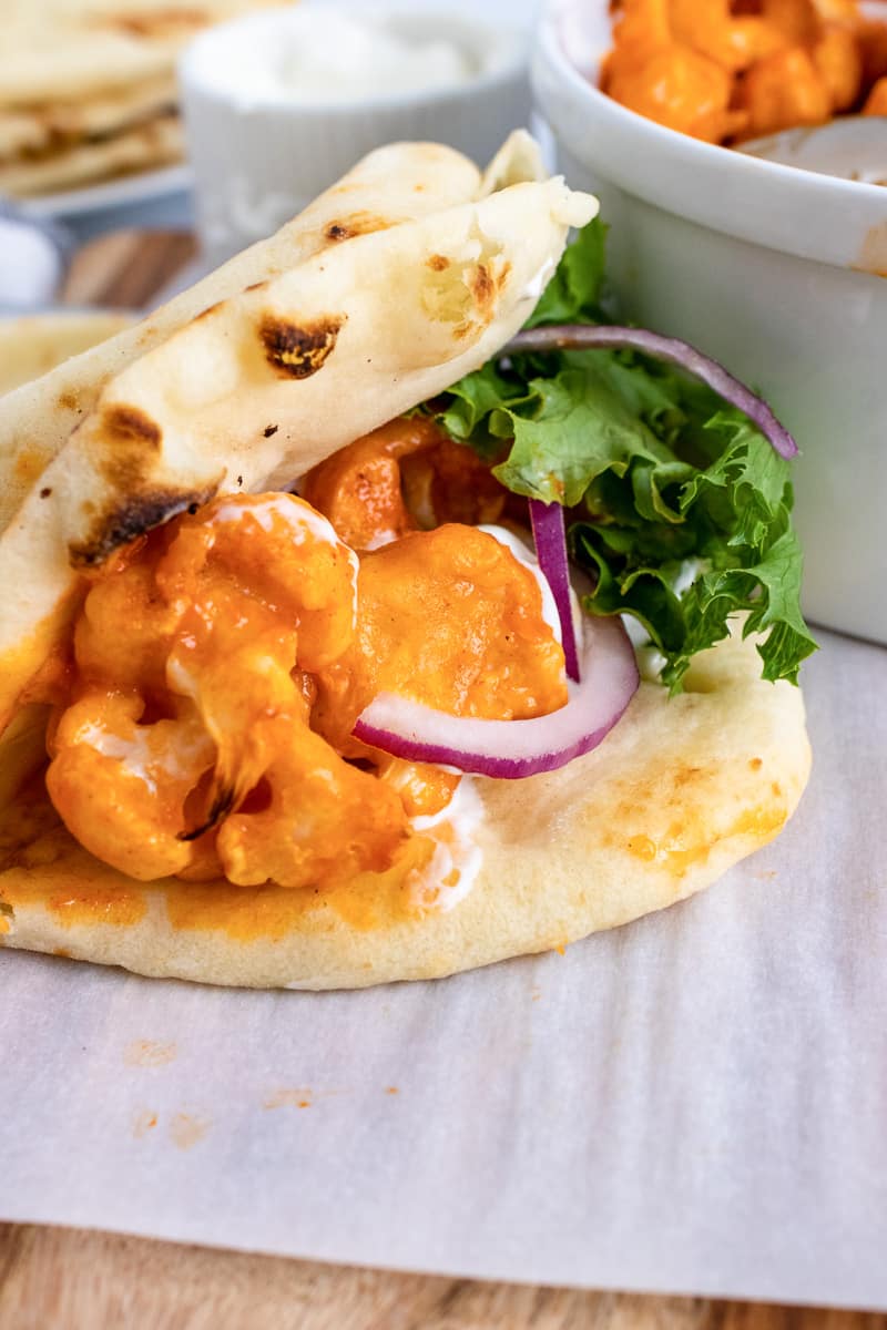 close up of buffalo cauliflower tacos