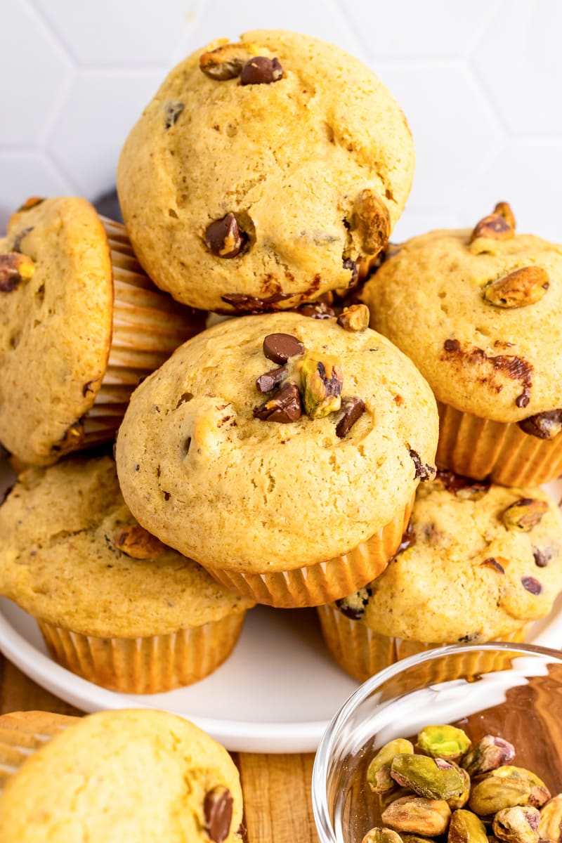 stack of pistachio muffins