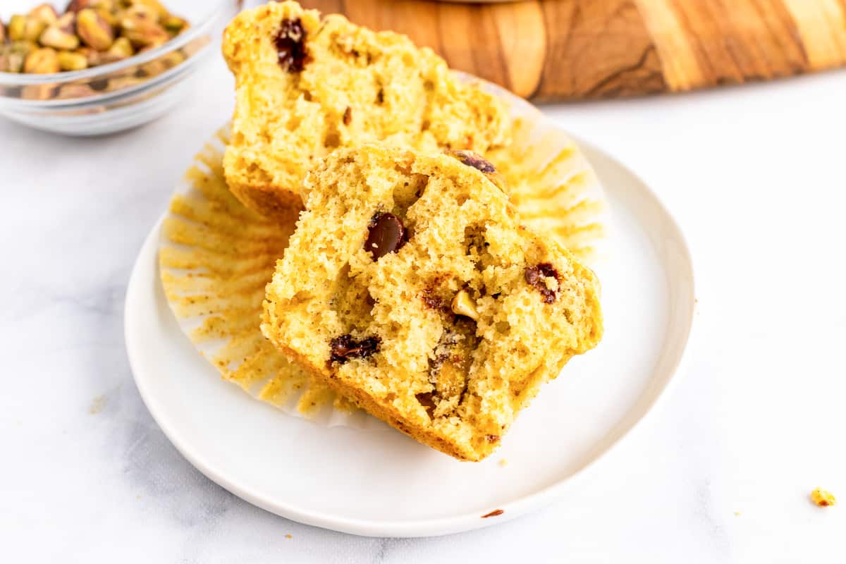 pistachio muffin cut in half