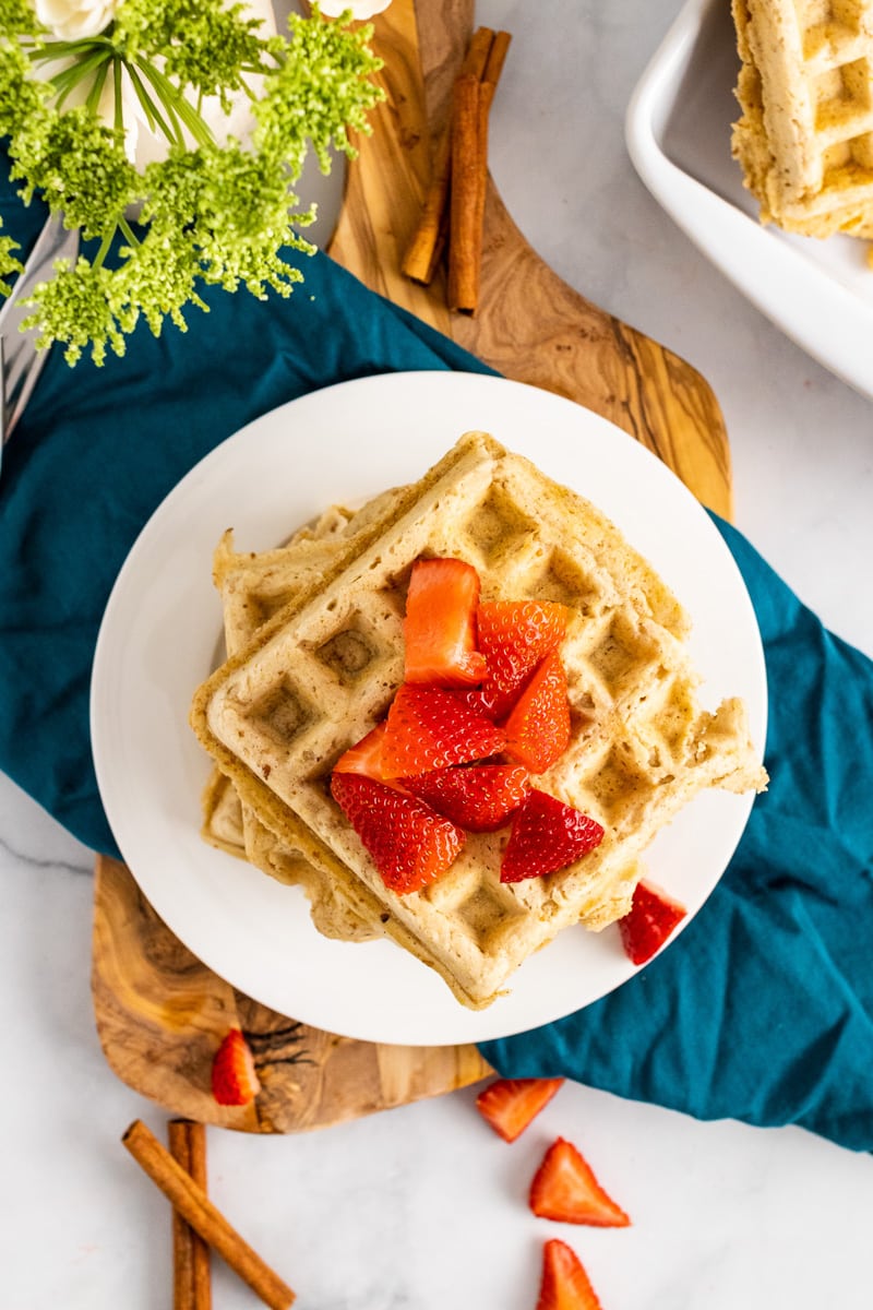 top view of plate with vegan waffles