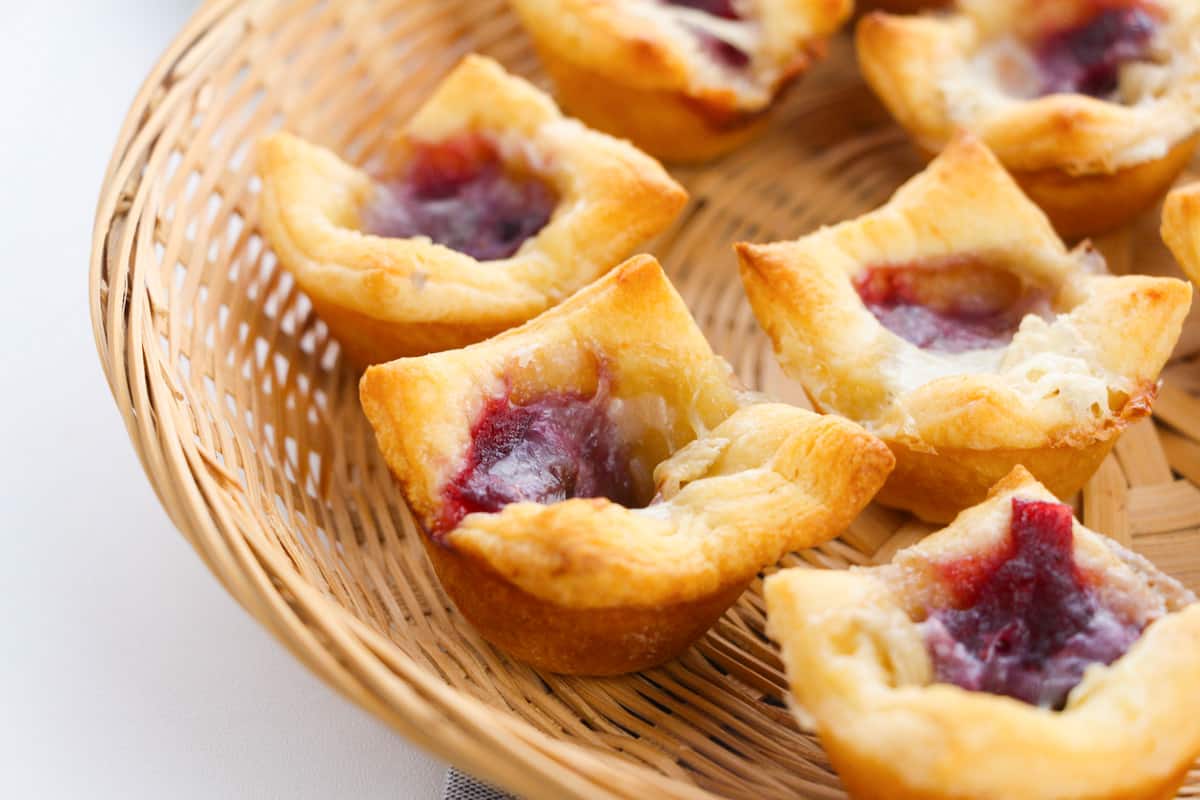 side view cranberry brie bites in a basket