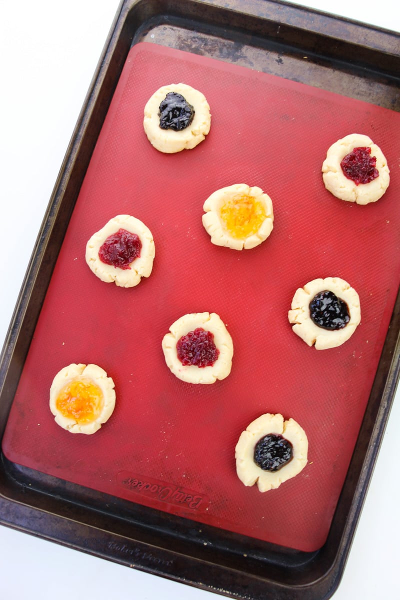 tray of finished shortbread thumbprint cookies