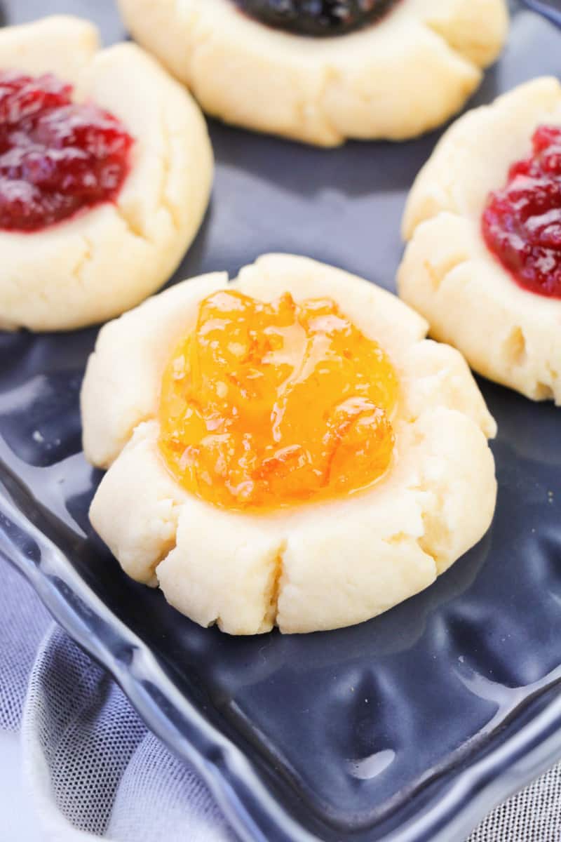 close-up of shortbread thumbprint cookies