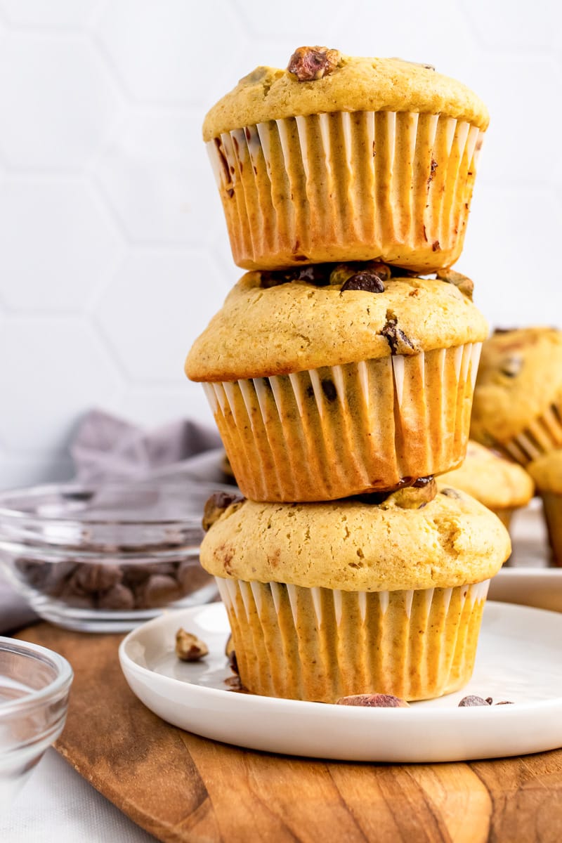 stack of 3 chocolate chip banana bread muffins