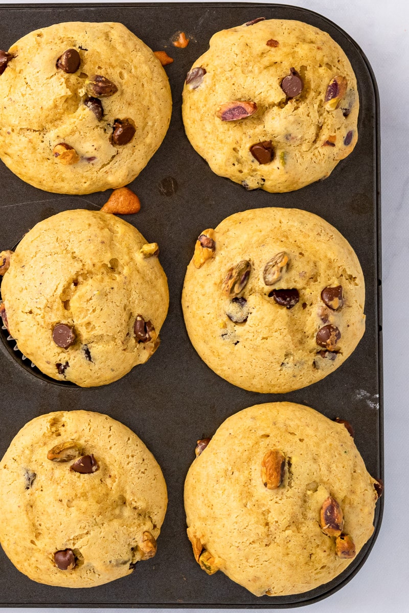 chocolate chip banana bread muffins in a baking tray