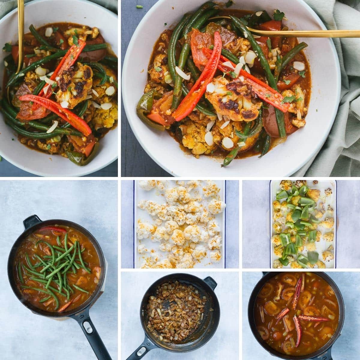 collage of images showing vegetable curry being prepared