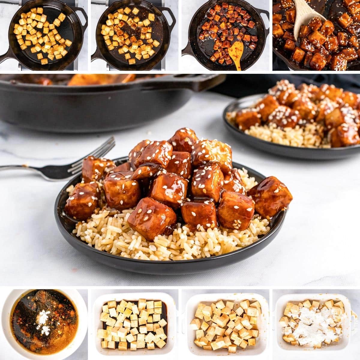 collage of images showing how to make general tso tofu