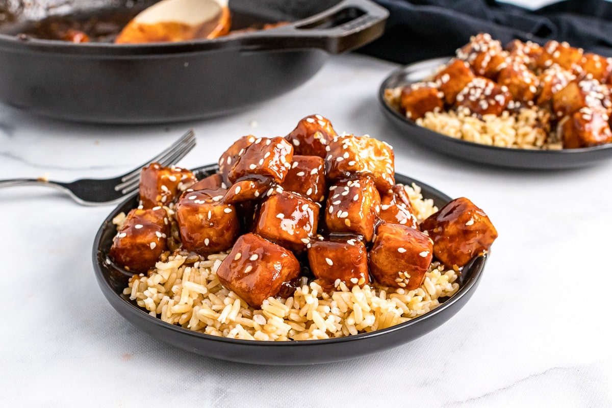 general tso tofu being served