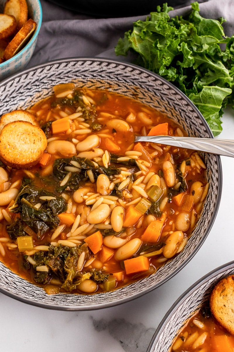 close up bowl of White Bean Kale Soup